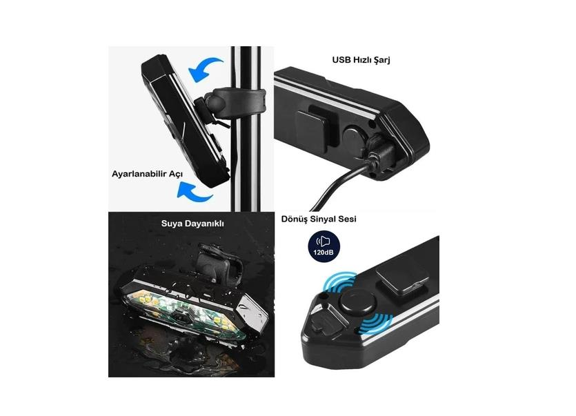 Bisiklet Scooter Dönüş Sinyali 5 Farklı Işık Şarjlı Arka LED Uyarı Işığı Uzaktan Kumanda