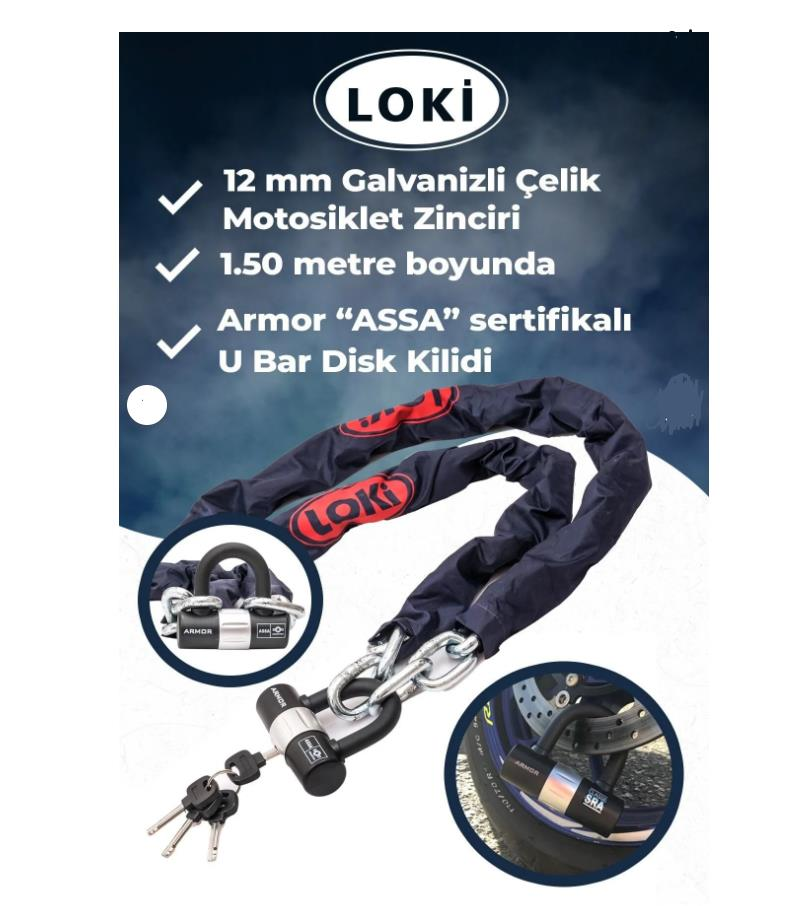 Armor Loki 812 12 Mm Kalınlık 1.50 Metre Motosiklet Scooter Zincir Kilit Armor Disk Kilidi U Bar
