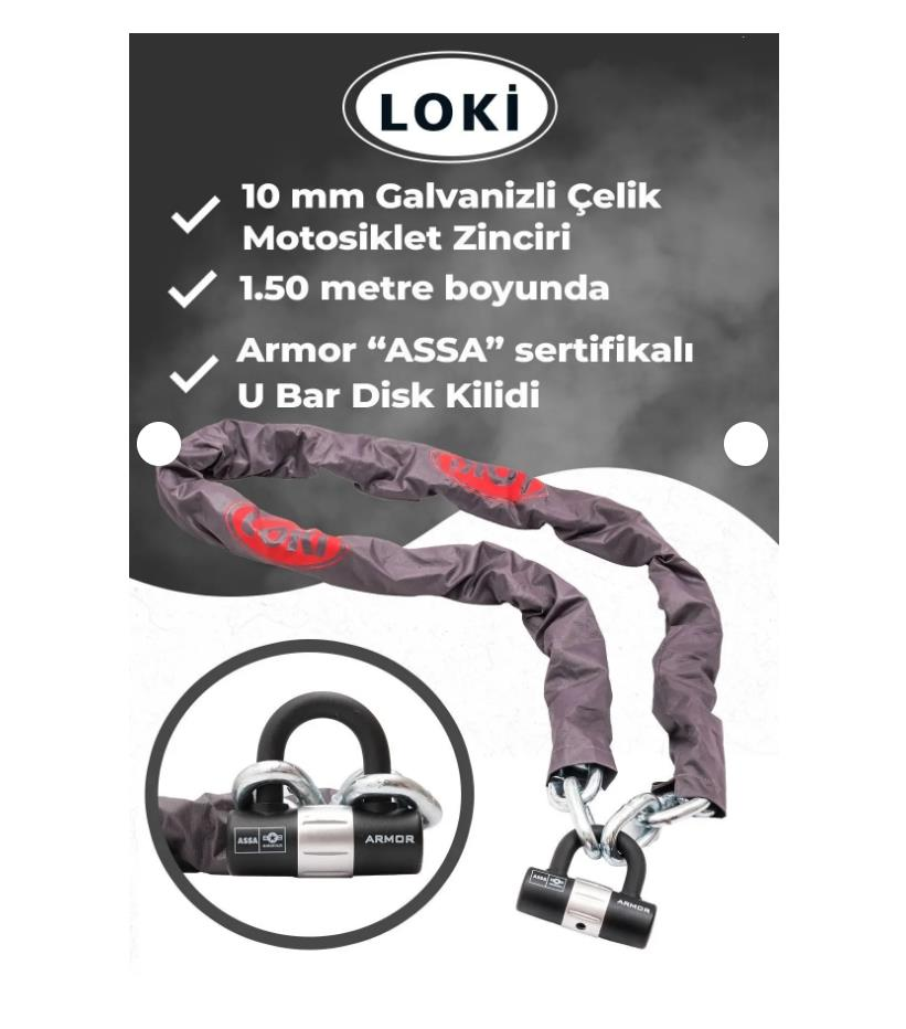 Armor Loki 810 10 Mm Kalınlık 1.50 Metre Motosiklet Scooter Zincir Kilit Armor Disk Kilidi U Bar